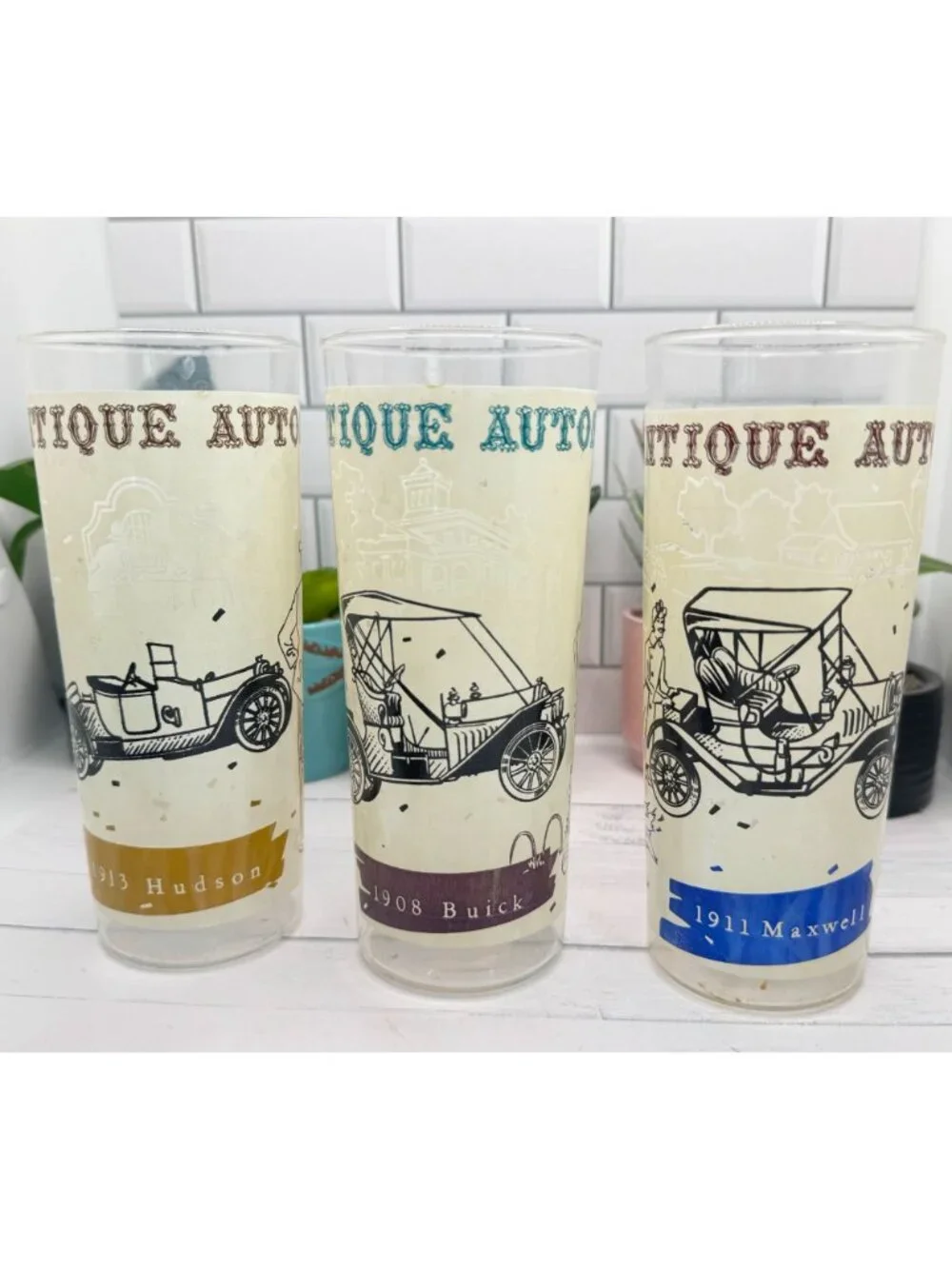 Set Of 3 Vintage Maxwell Designs Antique Auto Highball Glasses